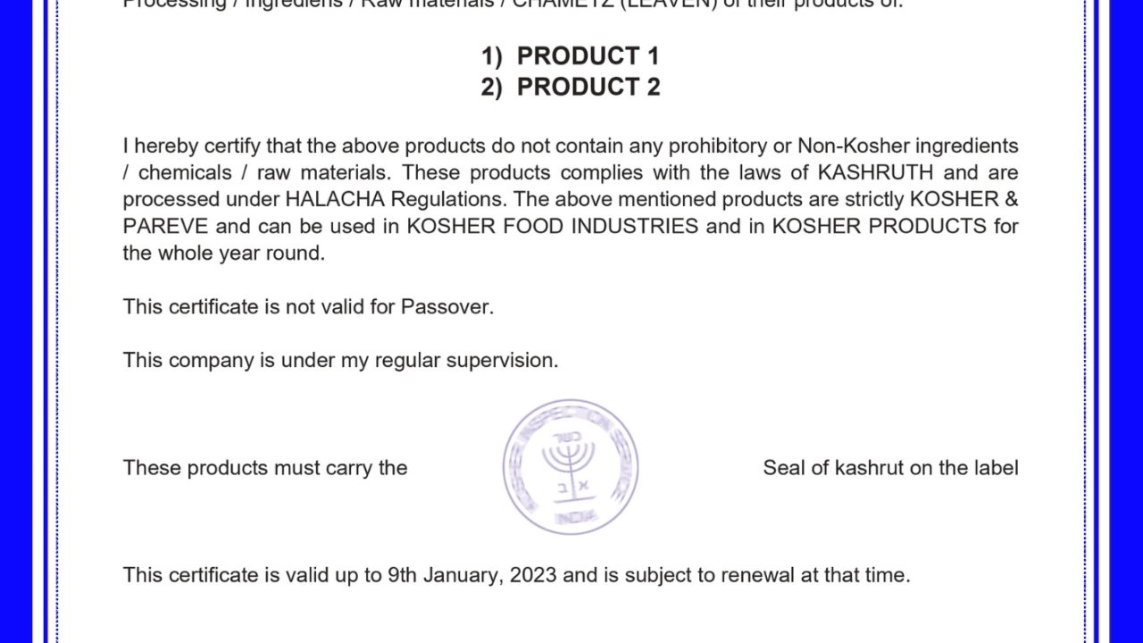 Kosher Certification in Chennai